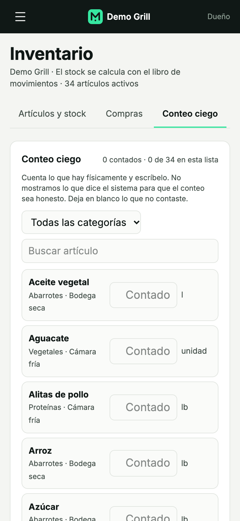 Conteo ciego desde el celular de cocina